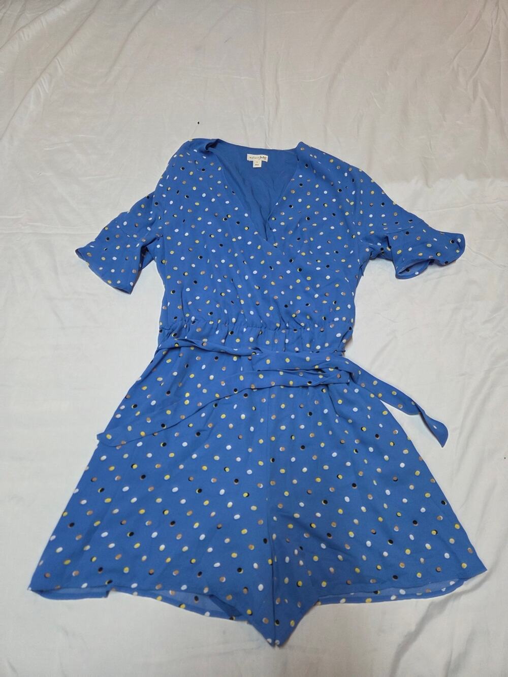 Maison Jules Blue Polka Dot Wrap Romper